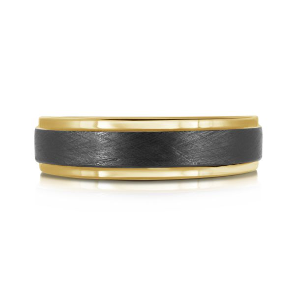 Tungsten band with polished gold-tone edges and a textured black center, front view