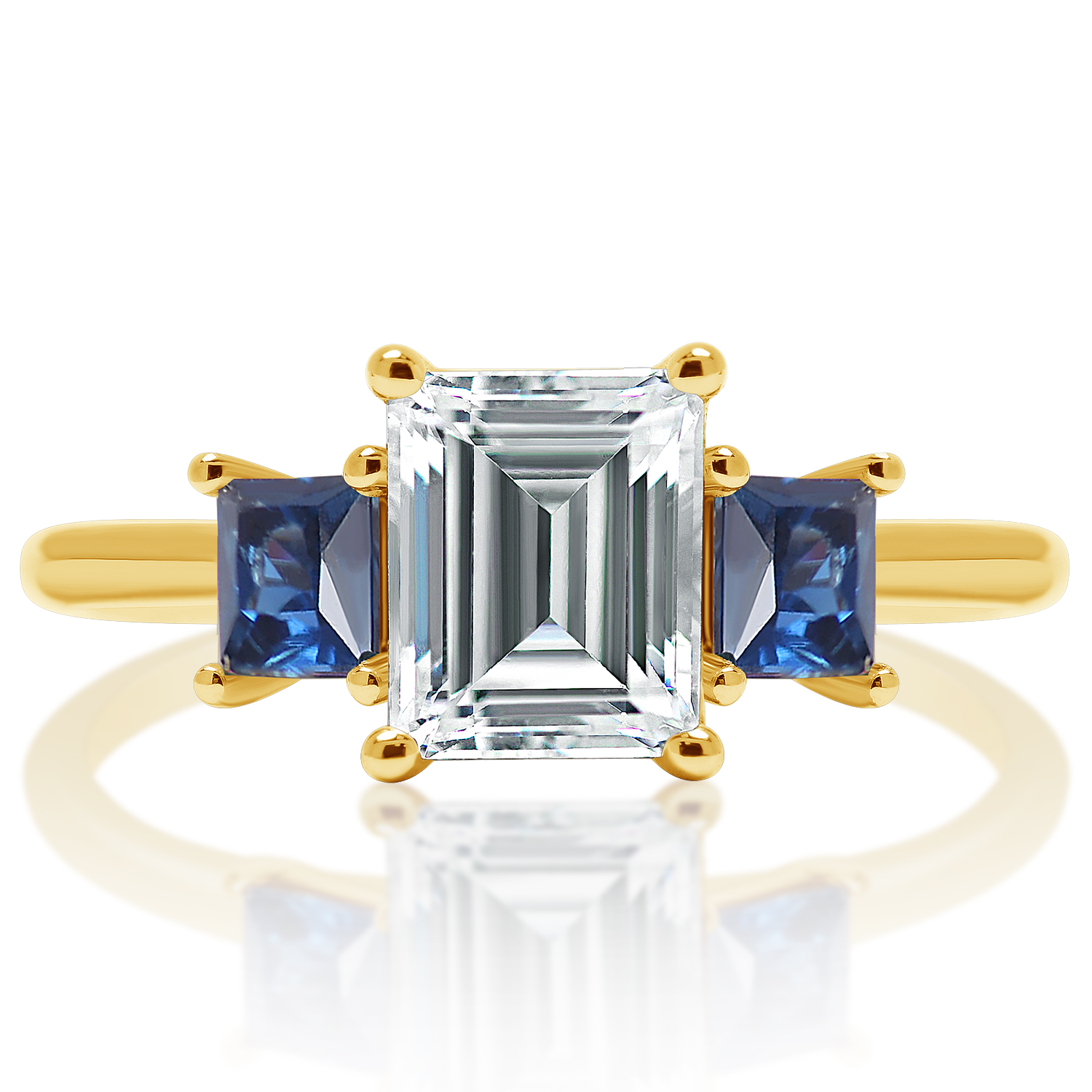 Emerald cut diamond and blue sapphire three-stone ring, front view