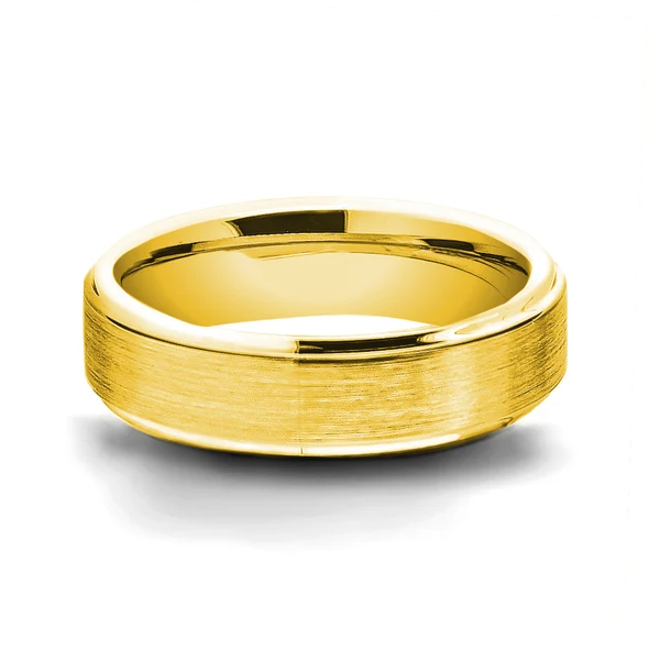 Yellow-tone tungsten band with a brushed center and polished stepped edges, front view