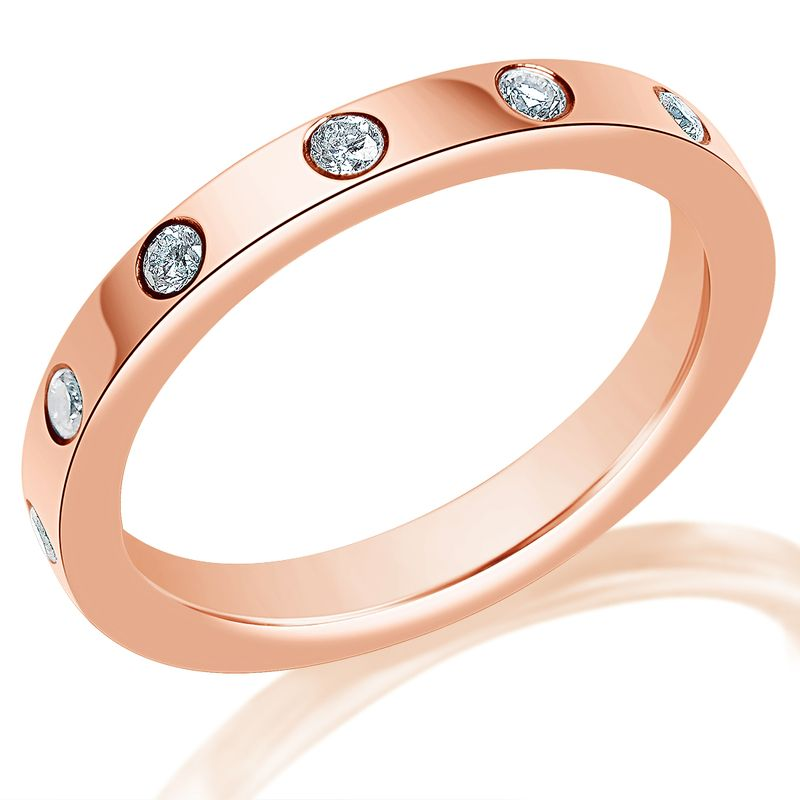 Rose gold flush-set diamond band, angled view