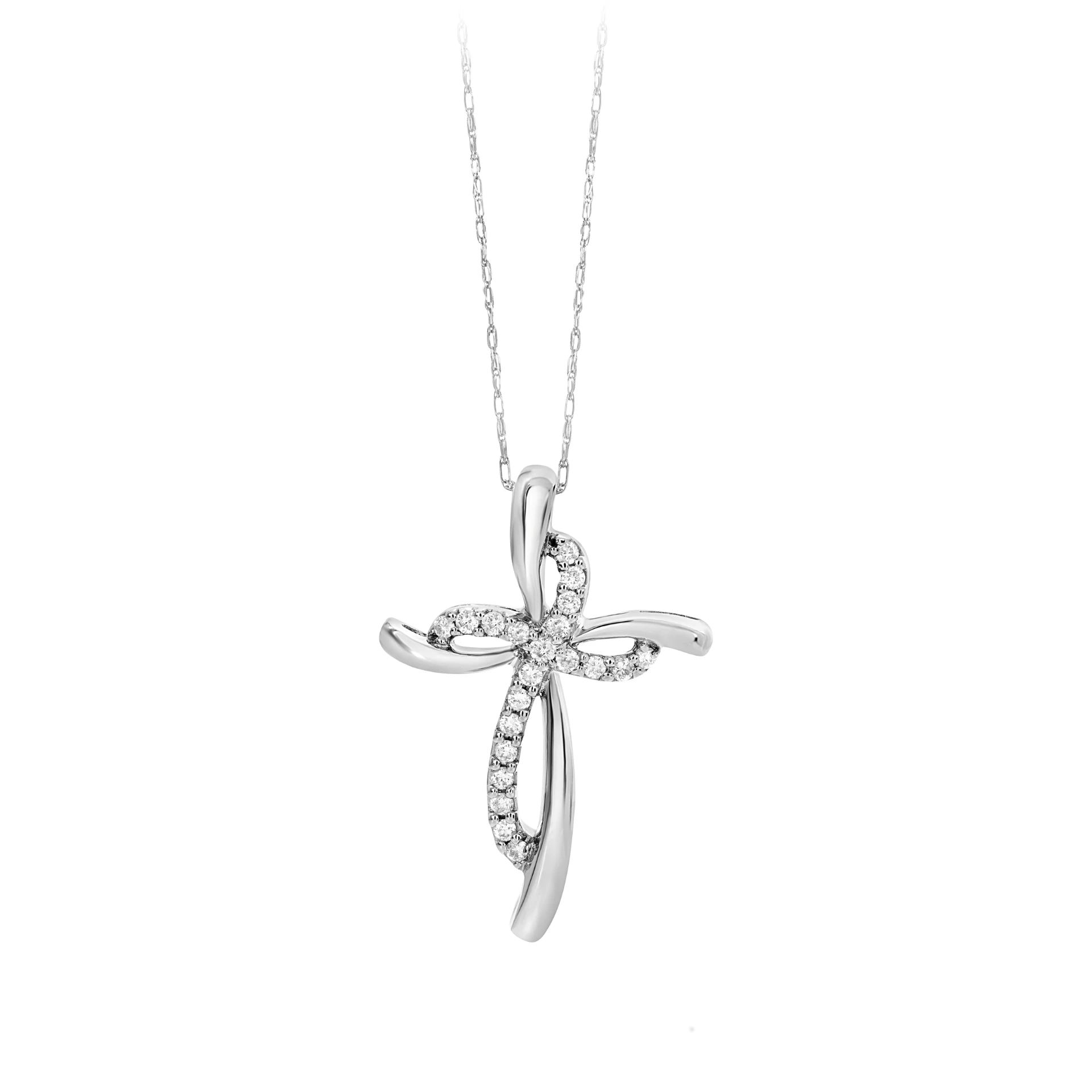 White gold ribbon-style cross pendant with flowing loops of round natural diamonds