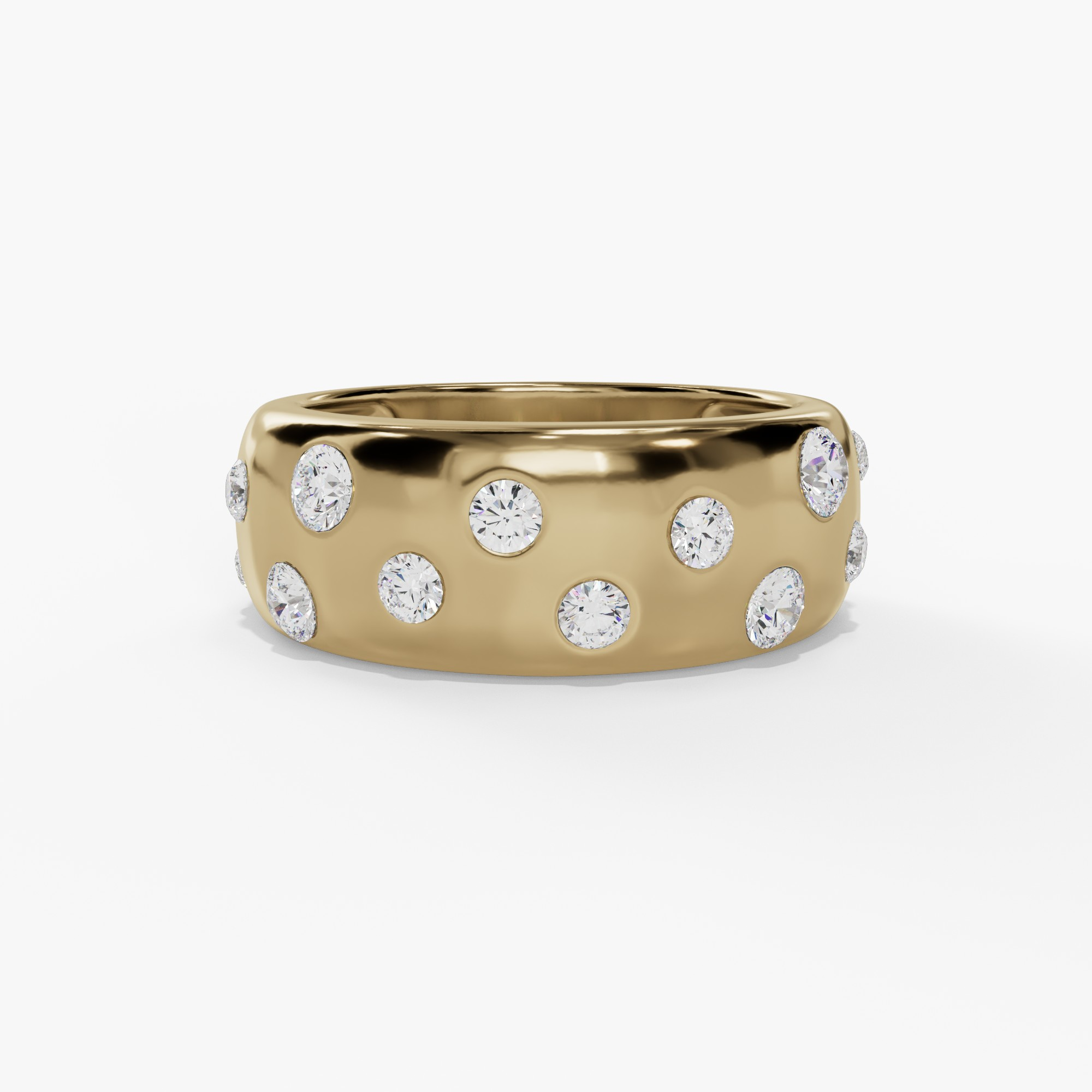 Yellow gold dome ring with scattered bezel set round natural diamonds