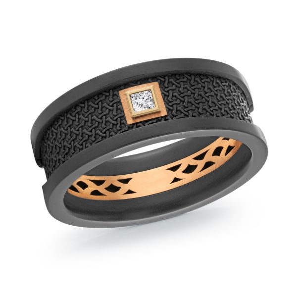 Carbon fiber band with rose gold and princess cut diamond, angled view