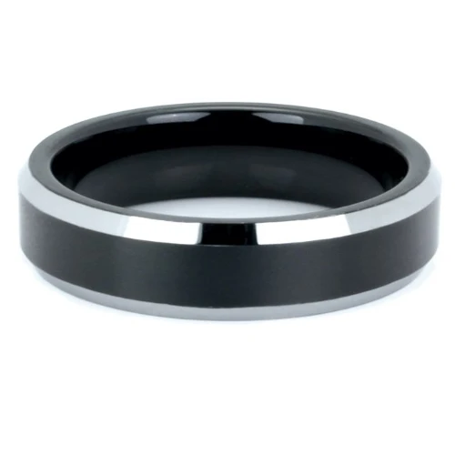 Black tungsten band with a brushed center and polished silver-tone beveled edges, front view