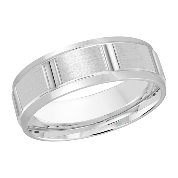Solid white gold band with a brushed center and raised polished bars