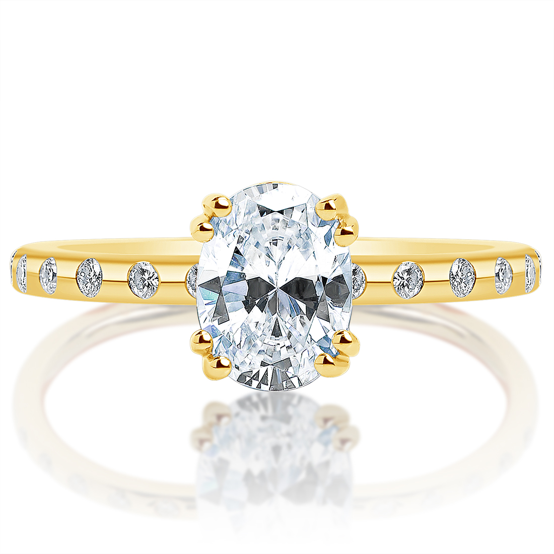 Yellow gold oval ring with flush-set band, front view