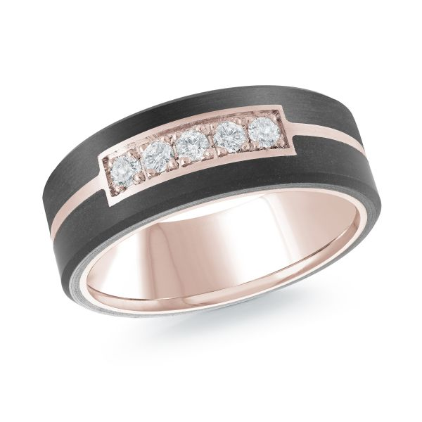 Carbon fiber band with gold edges and channel set diamonds, angled view