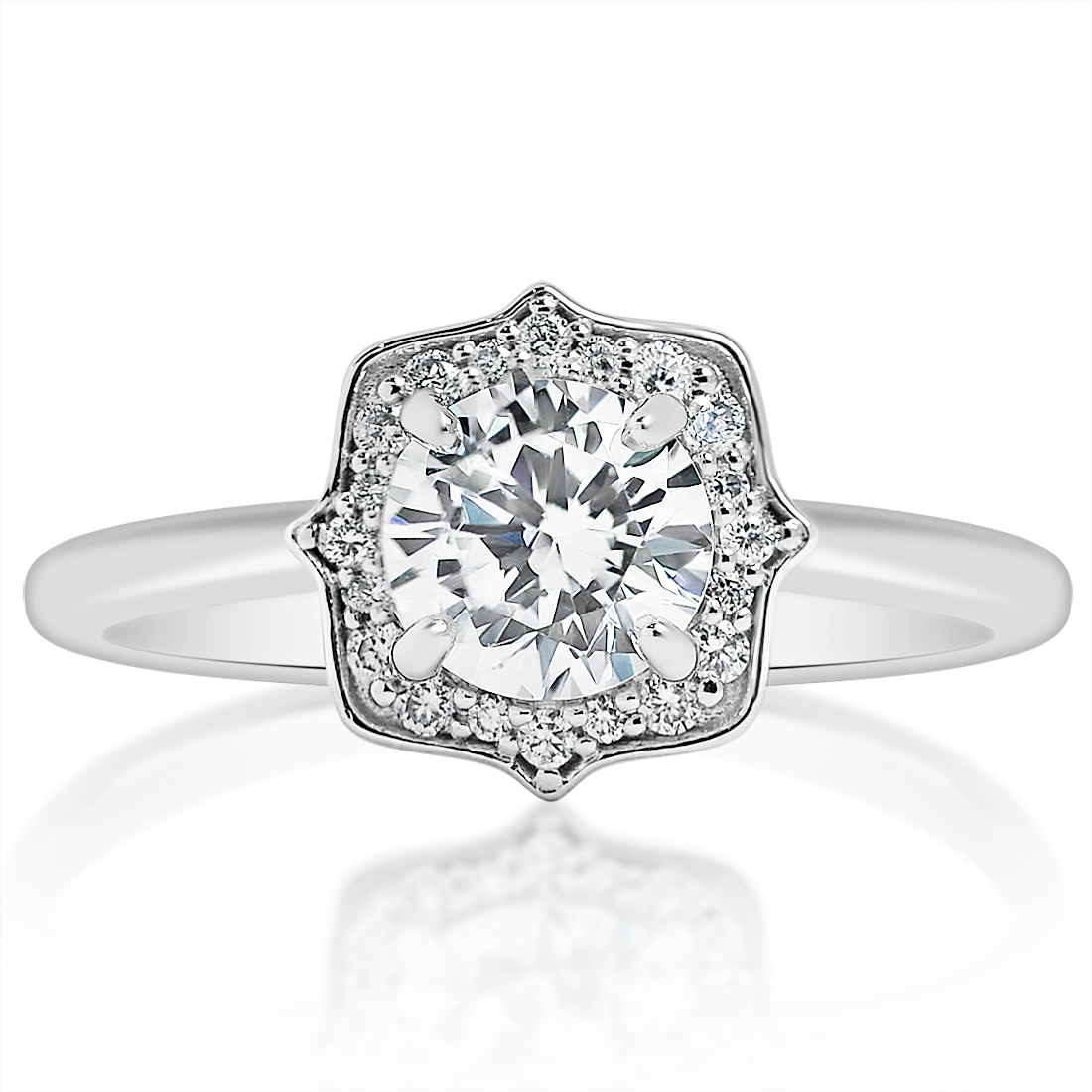Vintage-inspired scalloped halo ring, front view