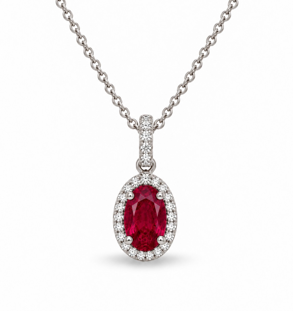Ruby pendant with natural diamonds on a 14K gold chain