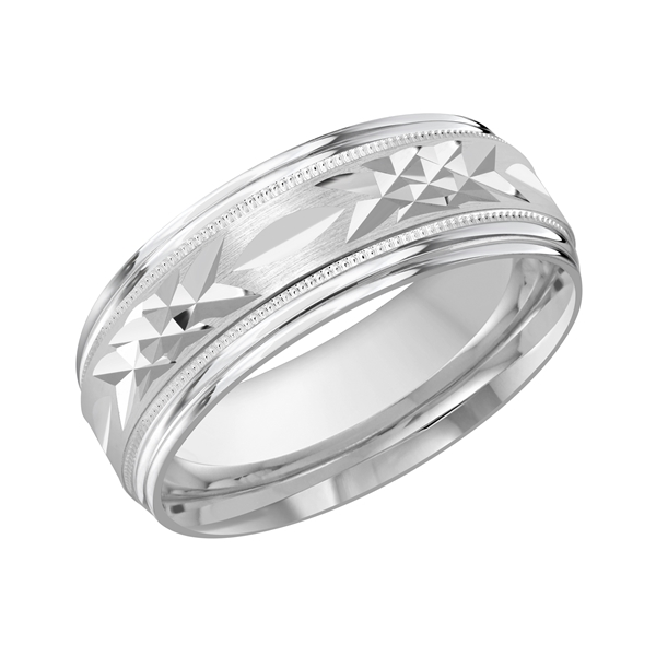 Solid white gold diamond-cut band with milgrain edges