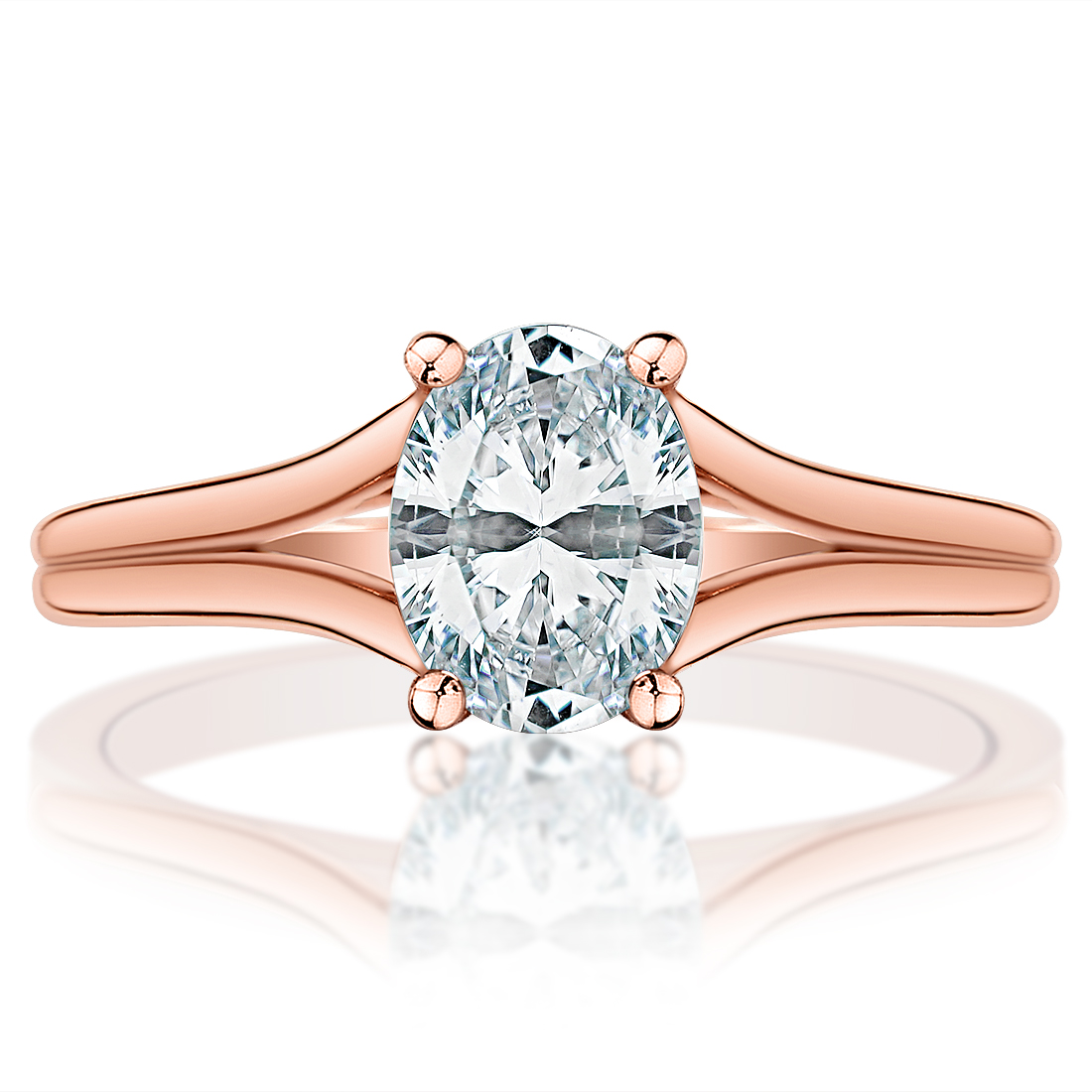 Rose gold oval split shank solitaire, front view