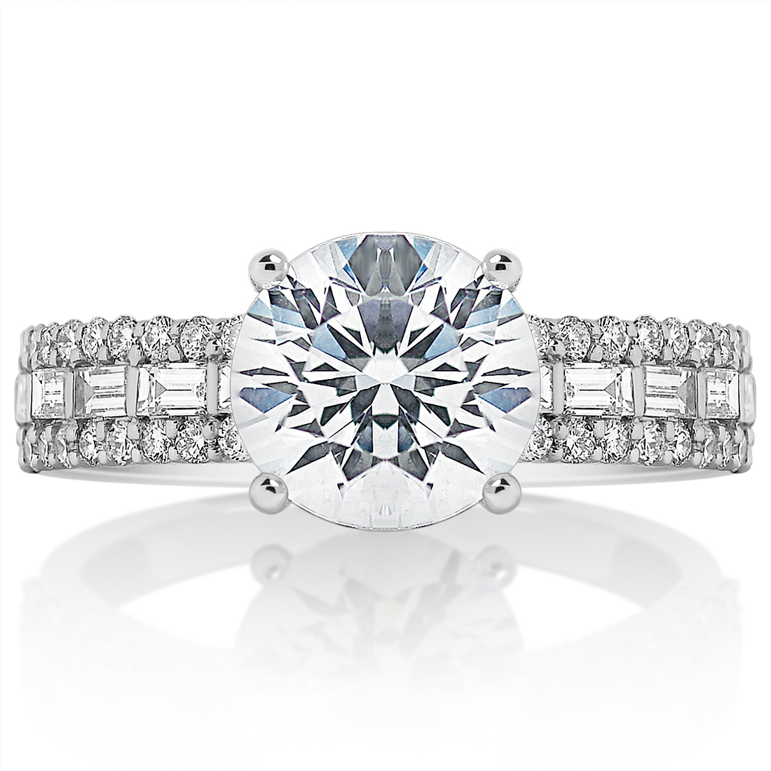 Round diamond baguette triple-row ring, front view