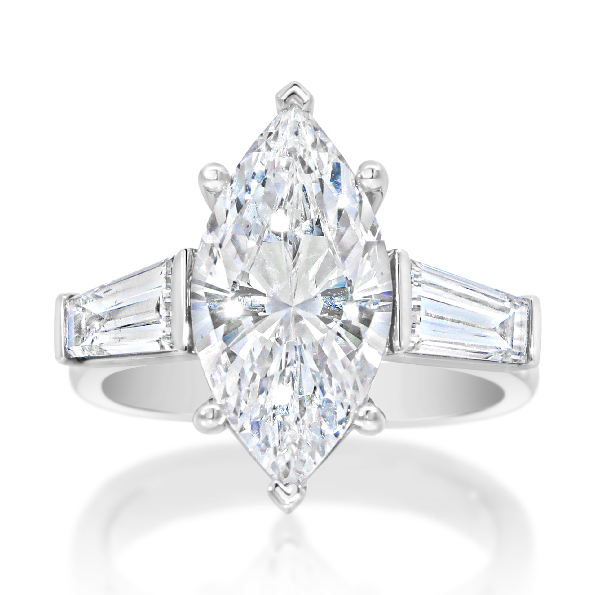 Marquise diamond ring with tapered baguettes, front view