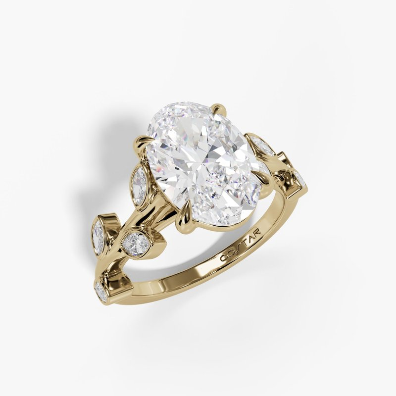 Oval ring with marquise leaf vine, three-quarter view