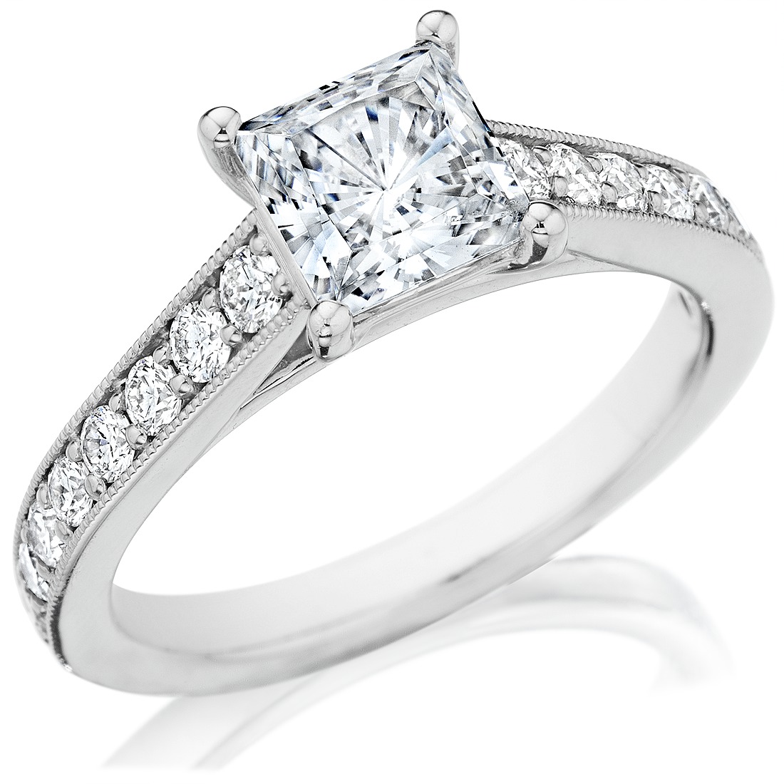 Princess cut milgrain pavé ring, three-quarter view