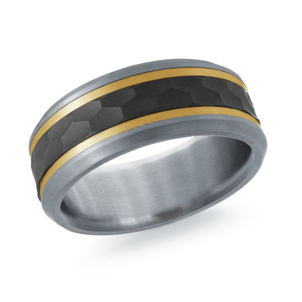 Beveled tantalum band with gold lines and carbon fiber, angled view