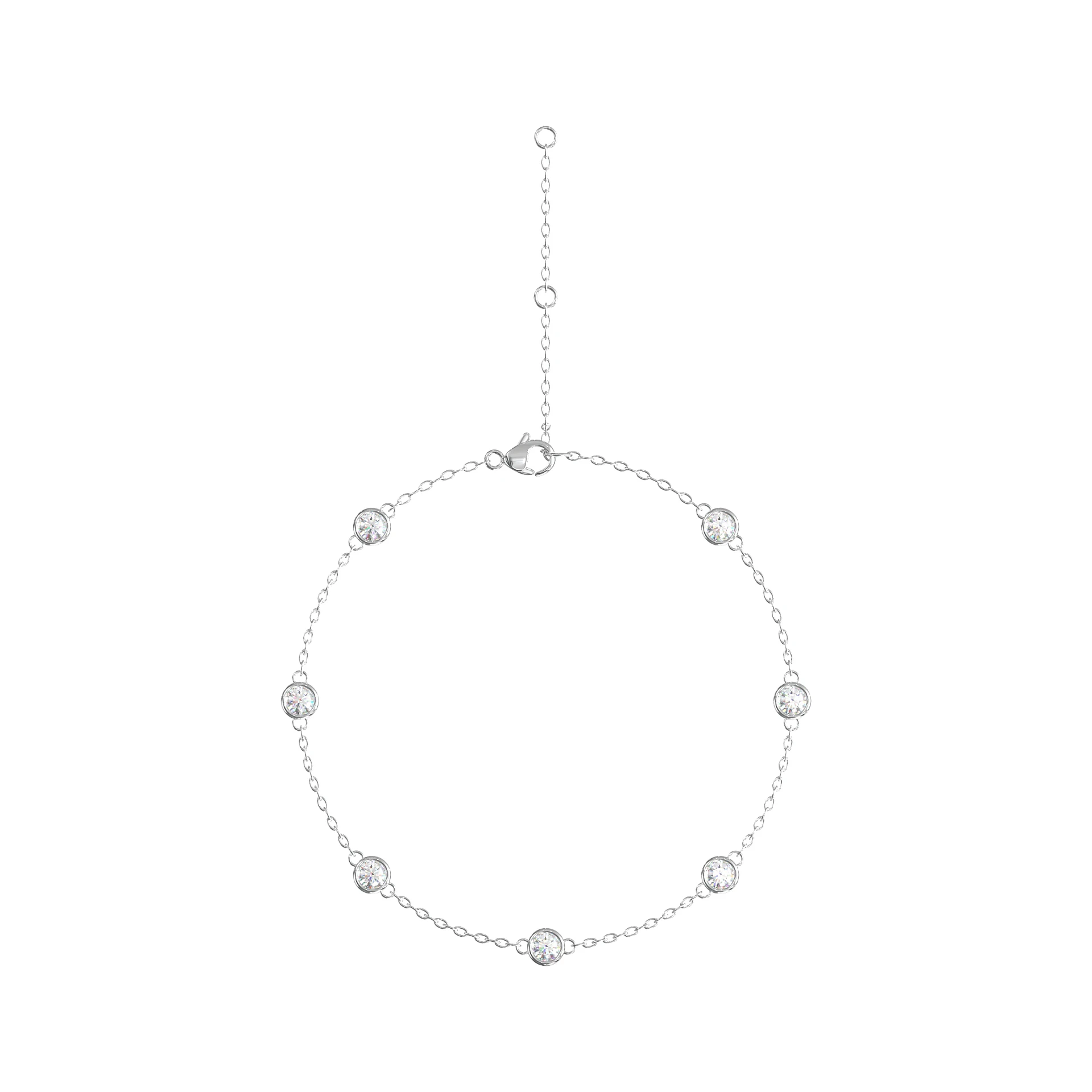 White gold bracelet with bezel set round natural diamonds spaced along a fine chain