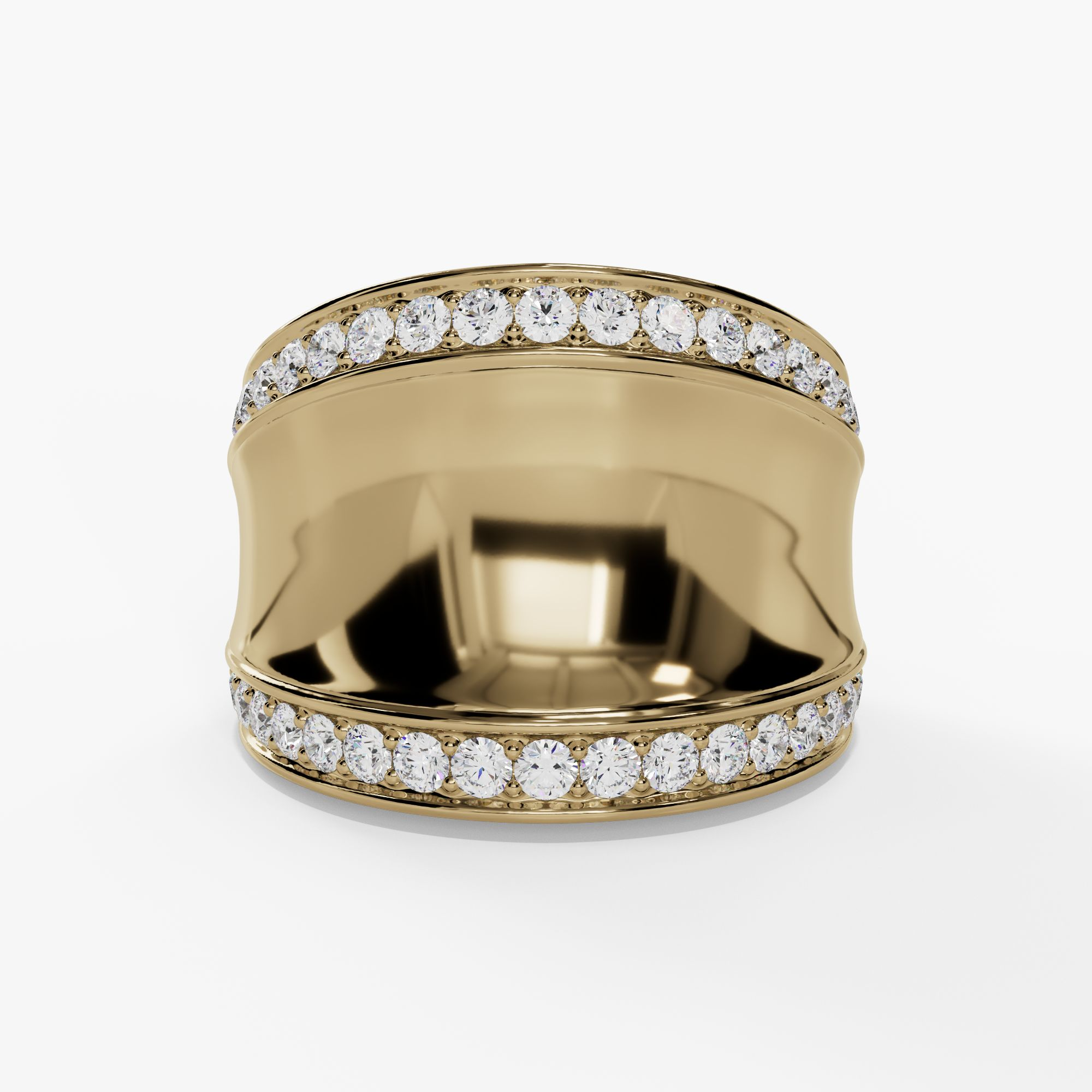 Wide yellow gold concave ring framed by rows of round natural diamonds