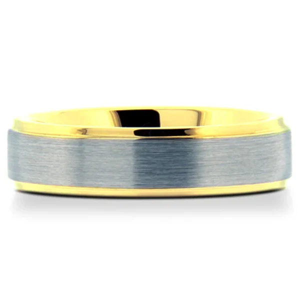 Tungsten band with a brushed center and yellow-tone stepped edges and interior, front view