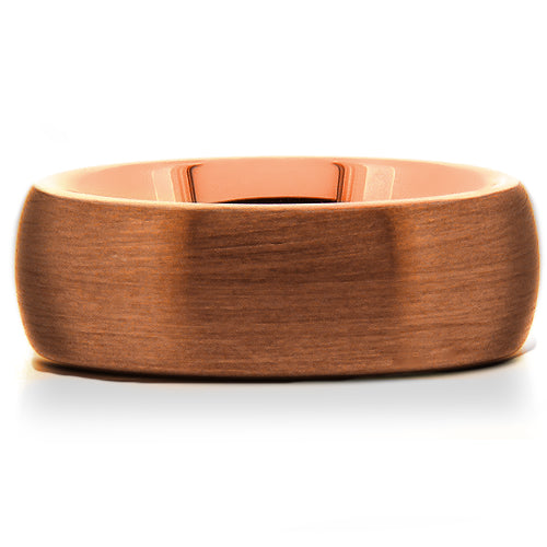 Copper-tone tungsten dome band with a brushed finish and polished rose-tone interior, front view