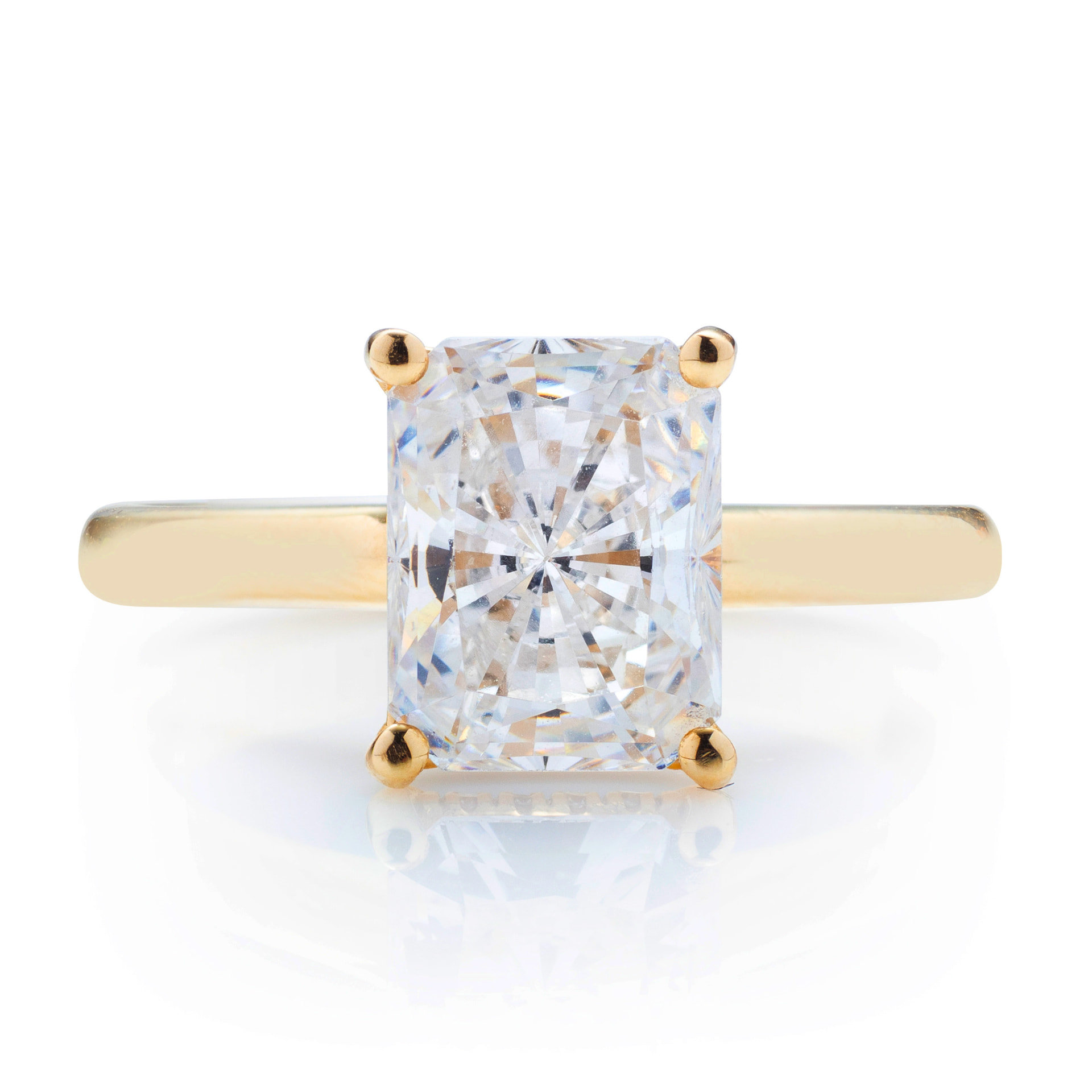 Radiant cut yellow gold solitaire with hidden halo, front view