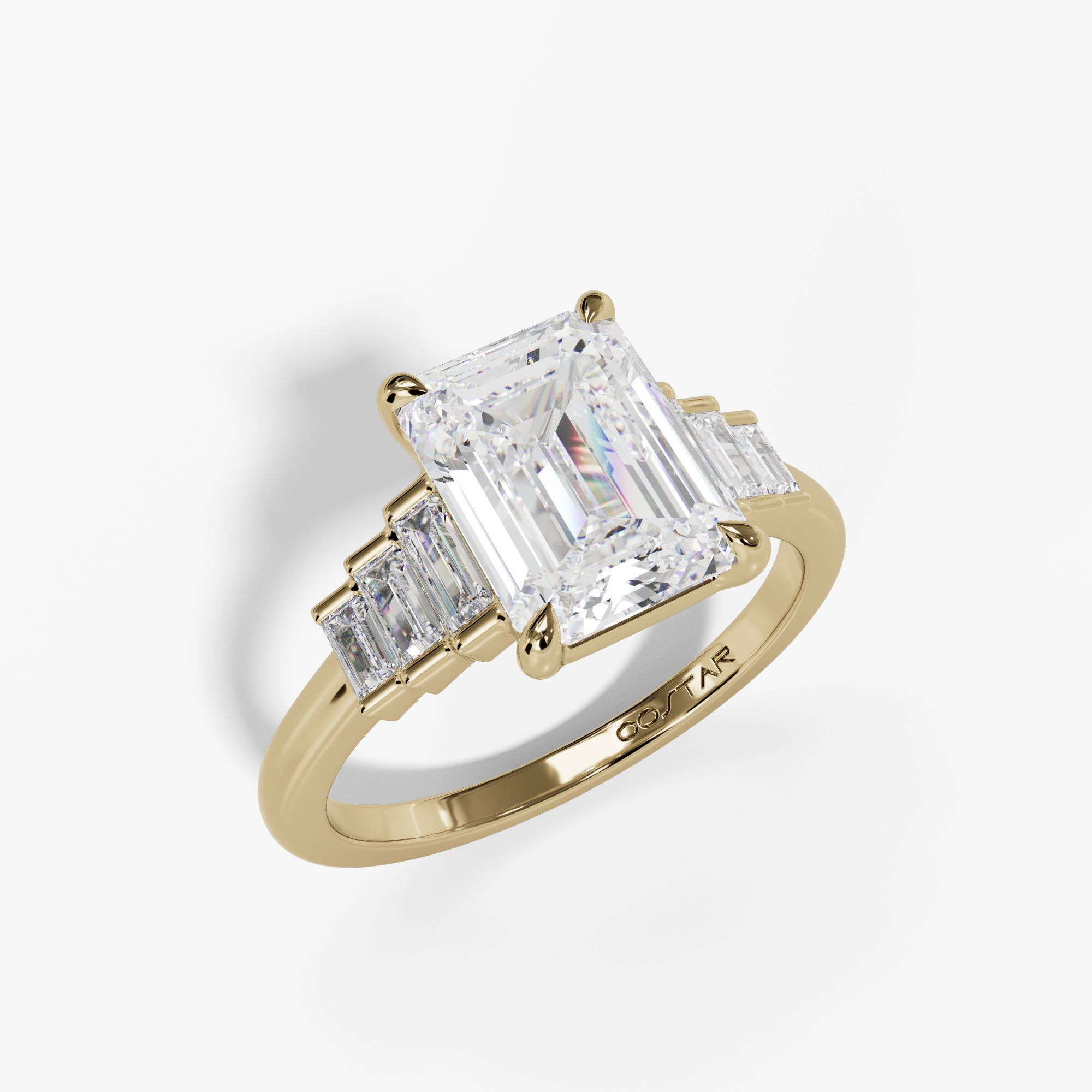 Emerald cut ring with stepped baguettes, three-quarter view