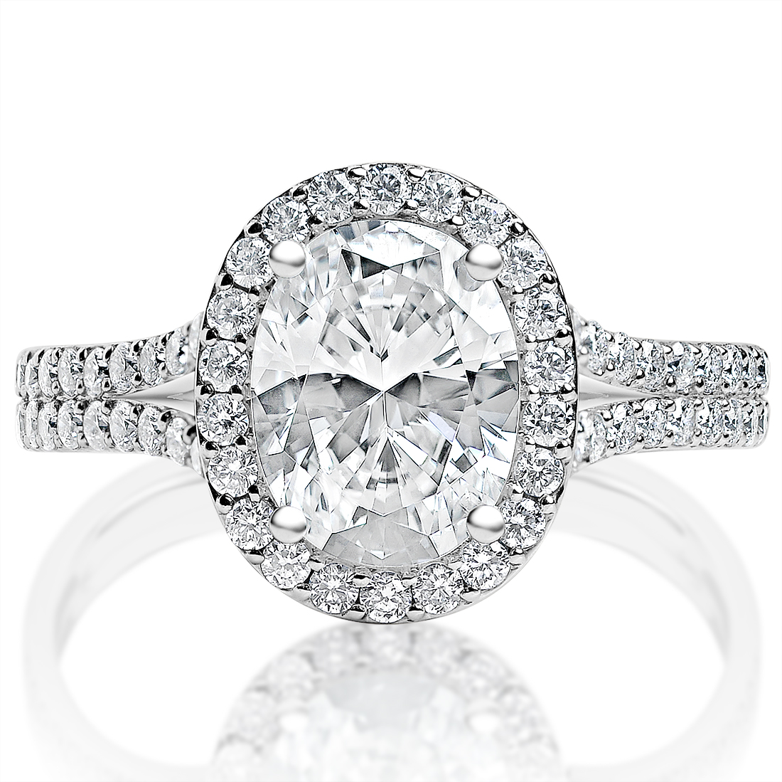 Oval halo engagement ring, front view