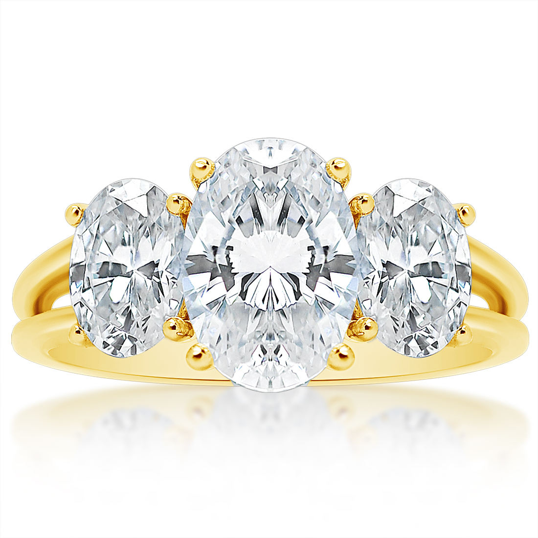 Oval three-stone split shank ring, front view