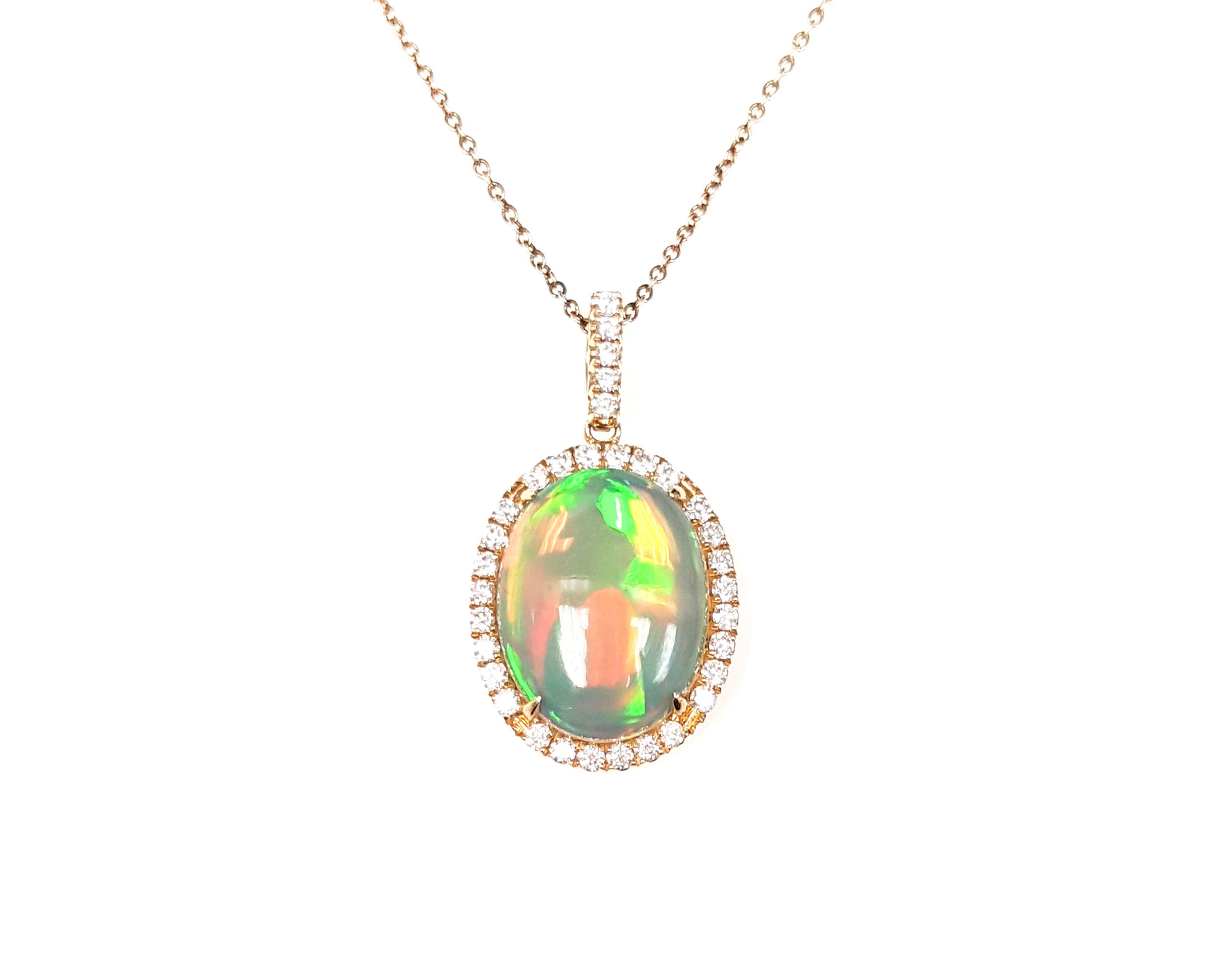 Opal pendant with natural diamonds on a 14K gold chain