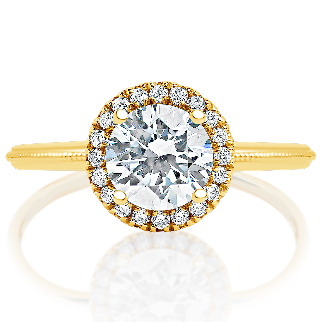 Yellow gold round halo ring, front view
