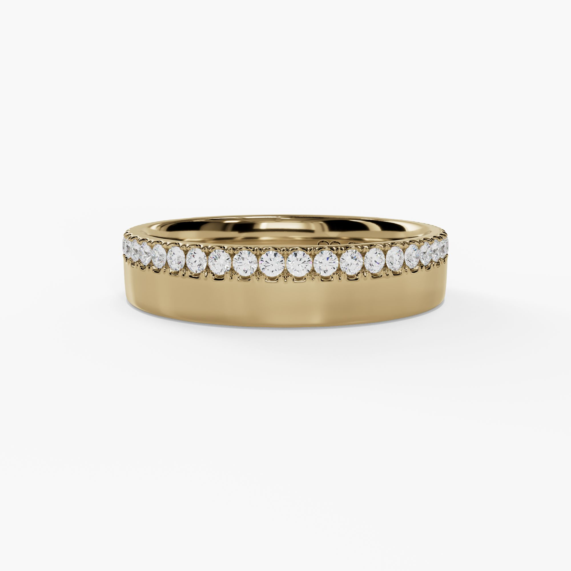 Yellow gold band with a single row of round natural diamonds along the top edge