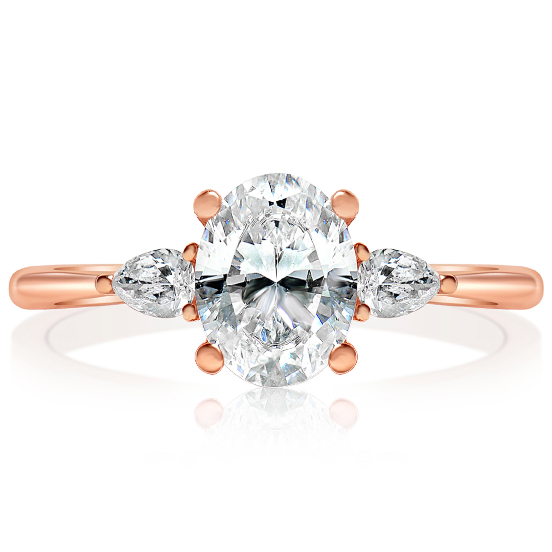 Rose gold oval ring with pear side stones, front view