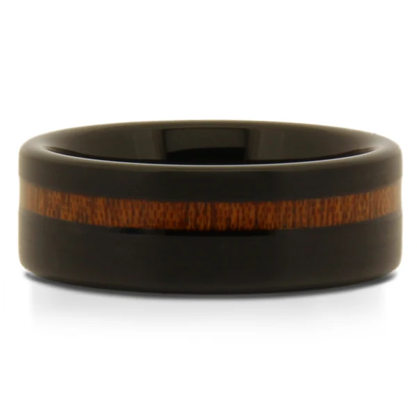 Black tungsten wedding band with a wood inlay stripe, front view