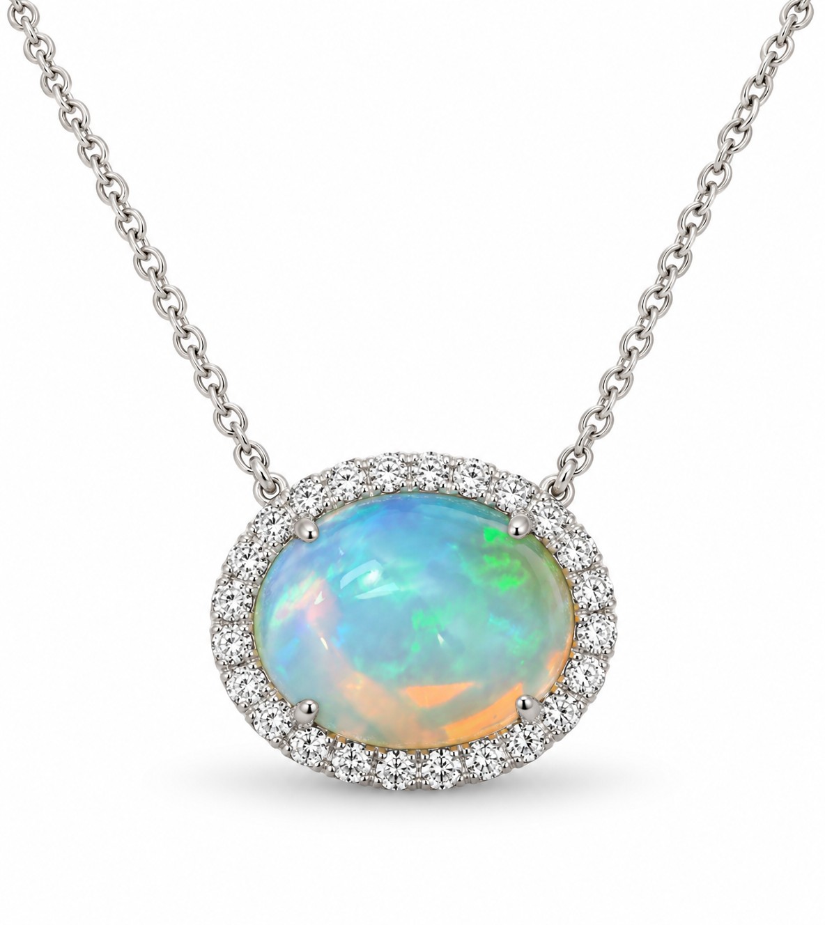 Oval opal pendant with natural diamonds in 14K gold