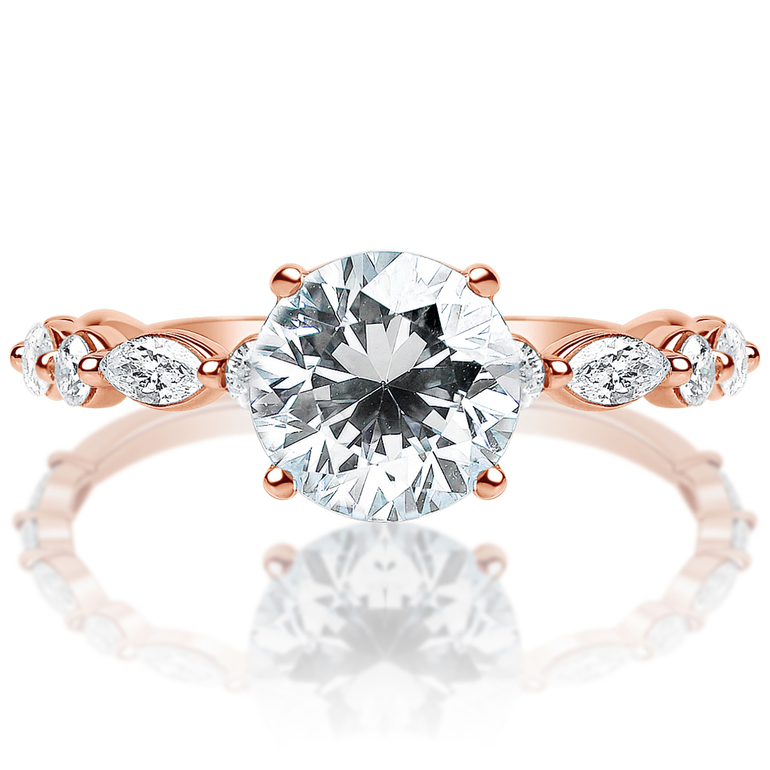 Rose gold round diamond ring with marquise stations, front view