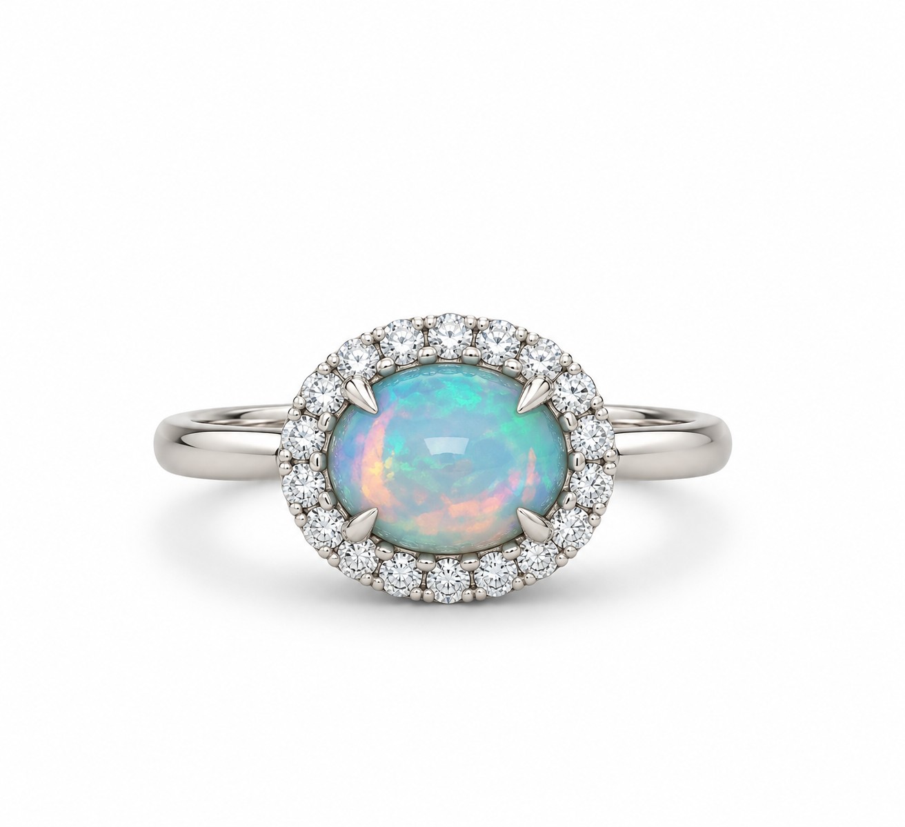 Opal ring with a natural diamond halo in 14K gold