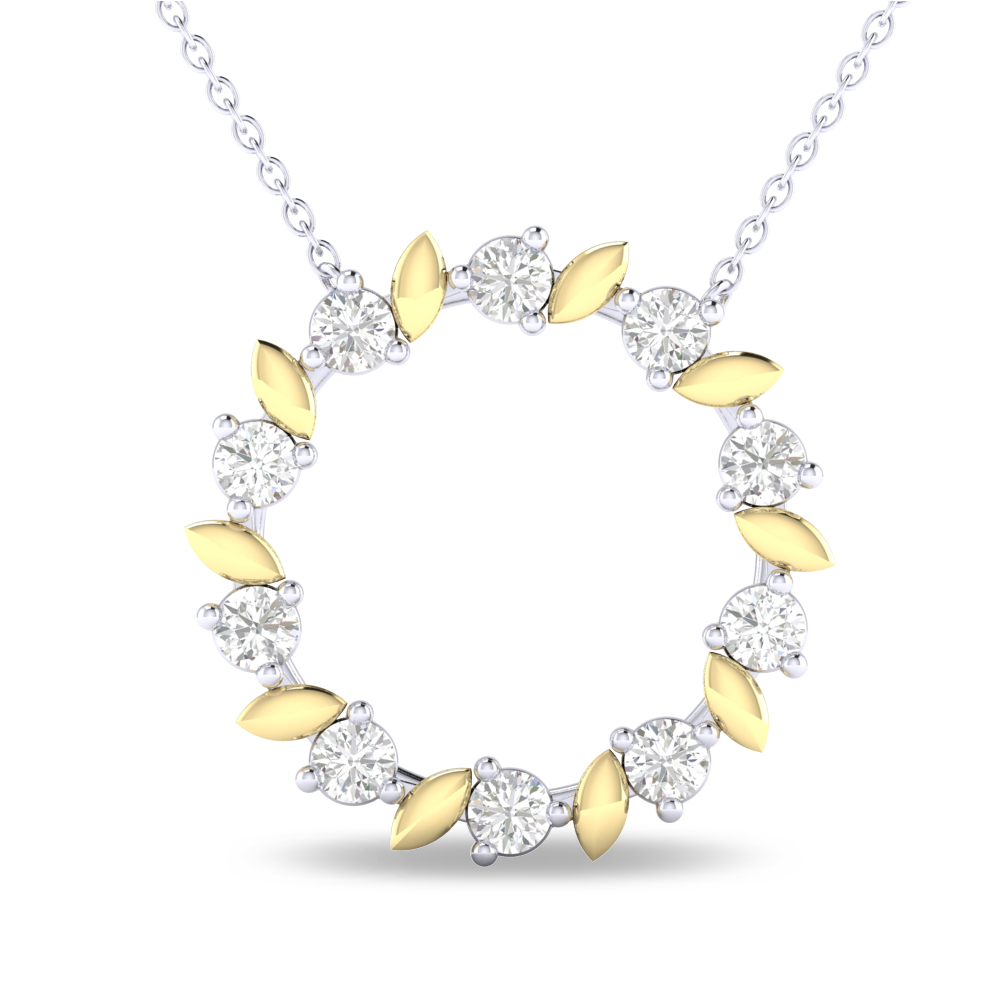 White gold circle pendant of round natural diamonds with yellow gold marquise leaves