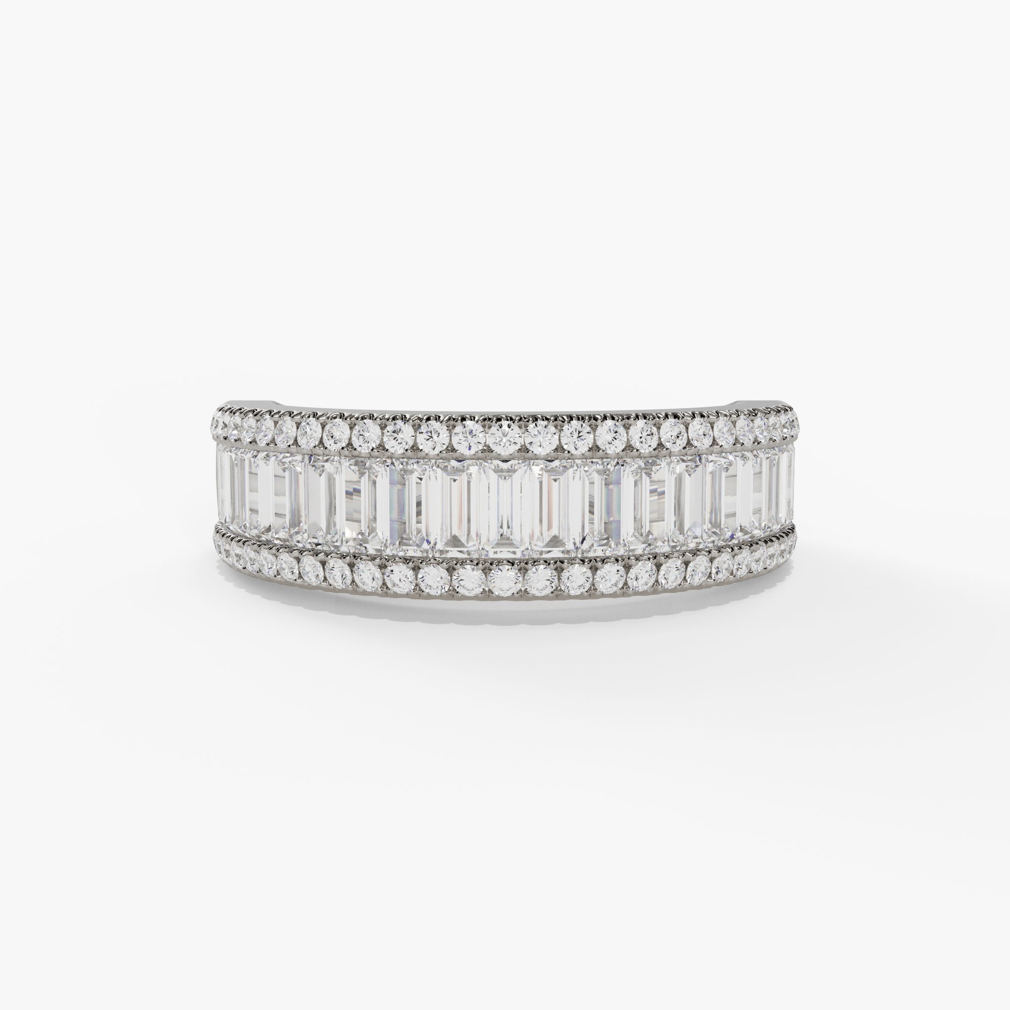 Rose gold band with bezel framed baguette and round natural diamonds and milgrain detailing