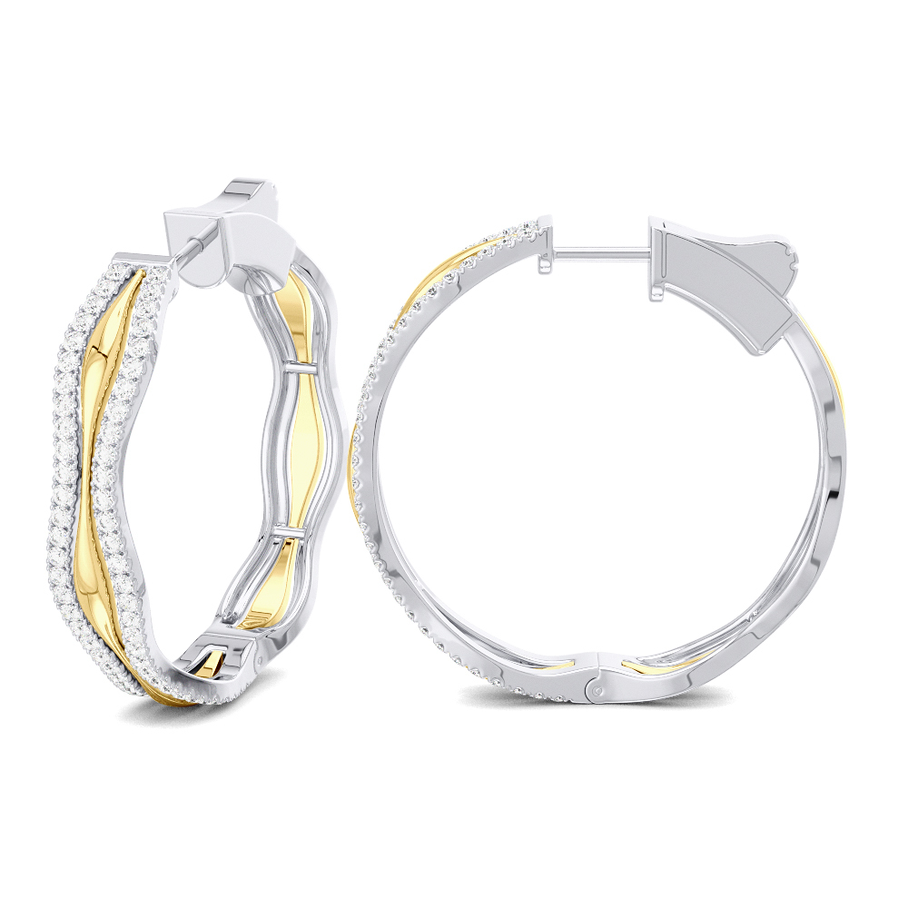 White and yellow gold wavy hoop earrings edged with two rows of round natural diamonds, shown side and front