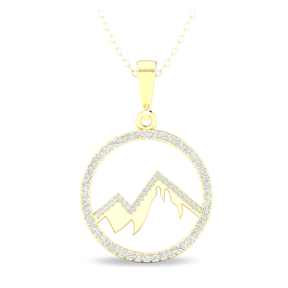 Yellow gold circle pendant with a mountain range outline set with round natural diamonds