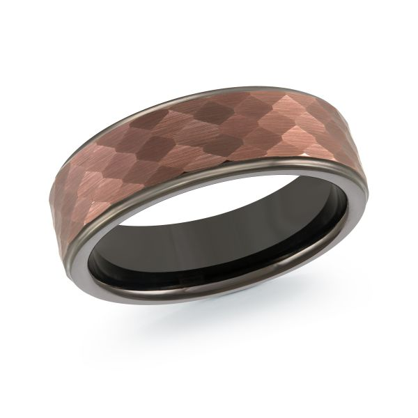 Hammered copper-tone tungsten band, angled view