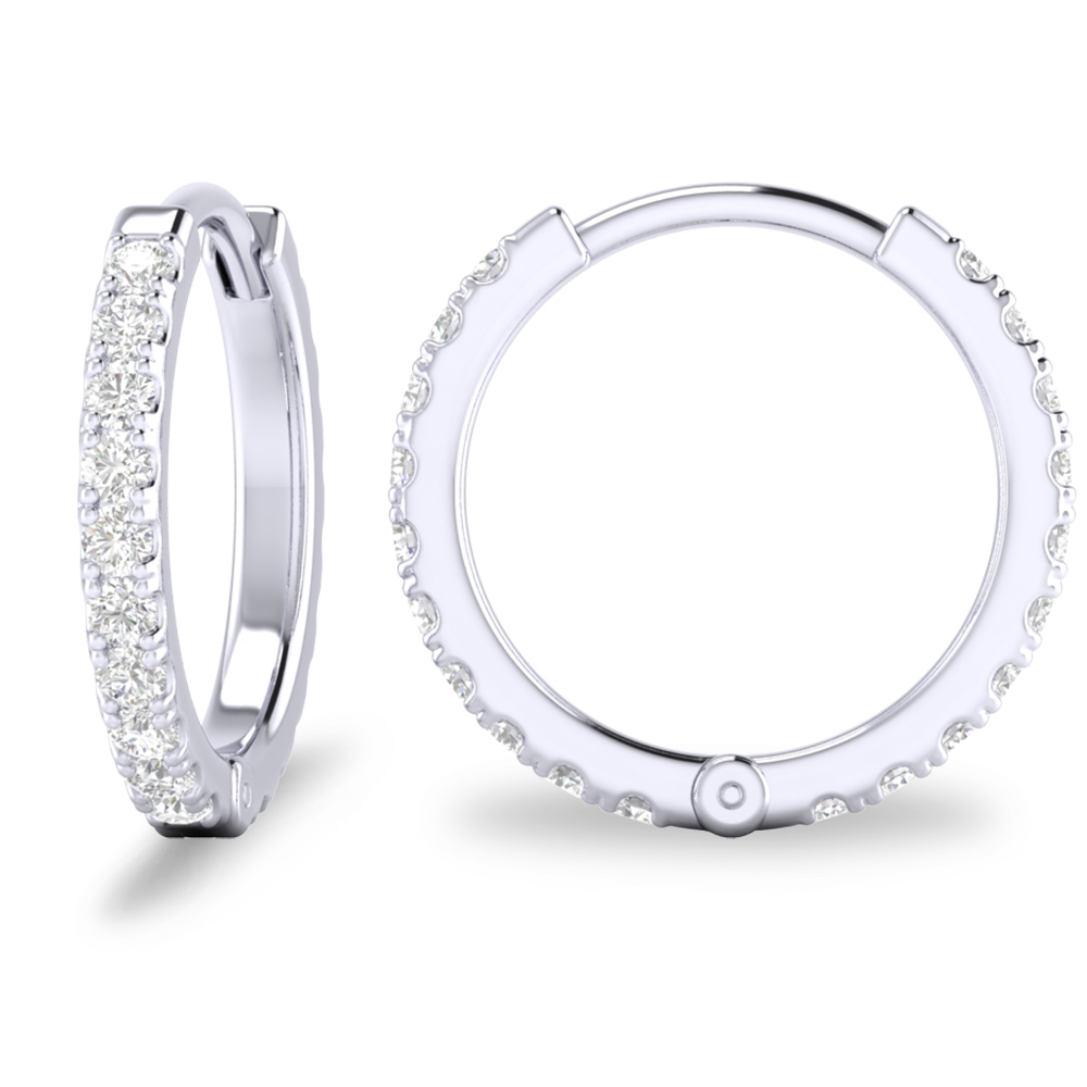 White gold huggie hoop earrings set with a row of round natural diamonds, shown side and front