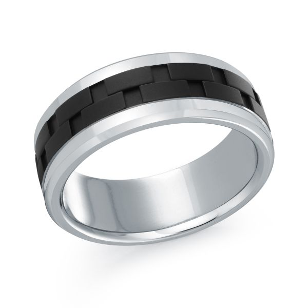 White gold band with textured black titanium inlay, angled view