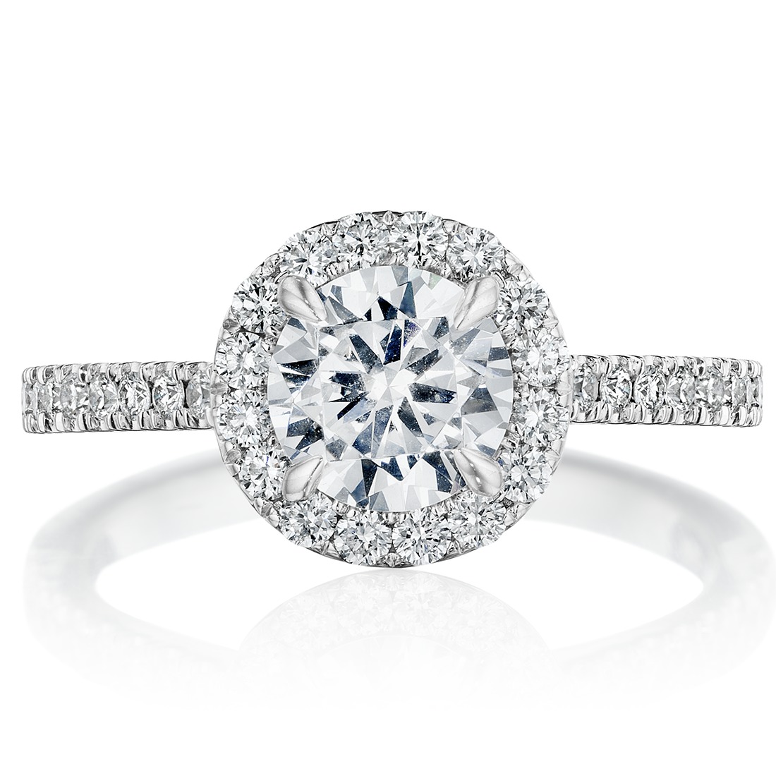 Round diamond halo pavé ring, front view