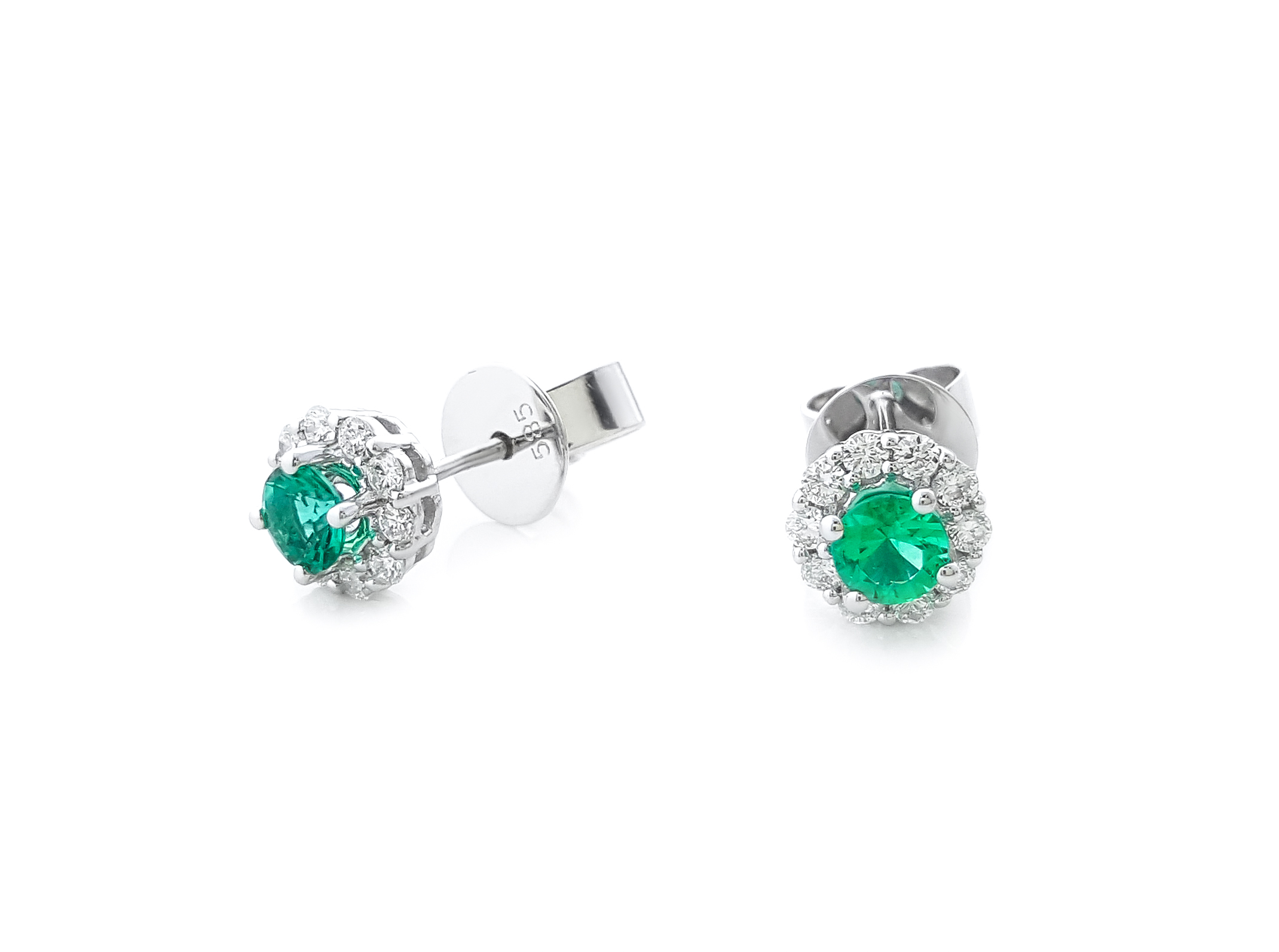 Emerald stud earrings with a natural diamond halo in 14K gold