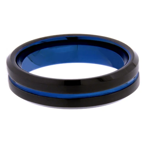 Black tungsten band with a blue center groove and blue interior, front view