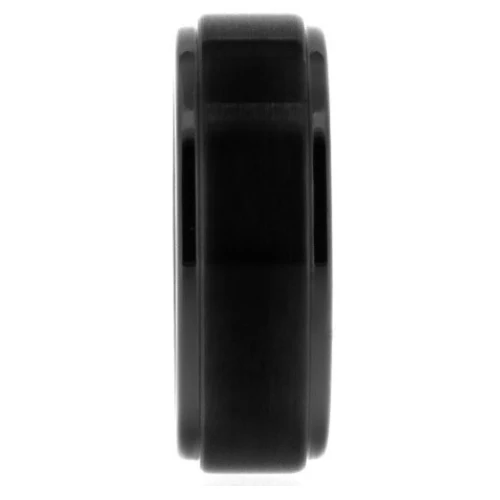 Black tungsten wedding band with a brushed center, front view