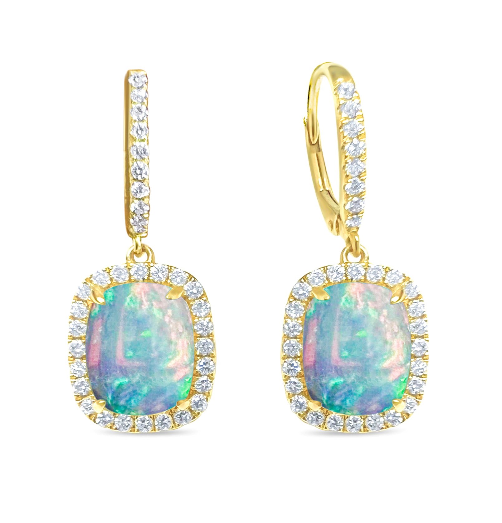 Opal drop earrings with natural diamonds in 14K yellow gold