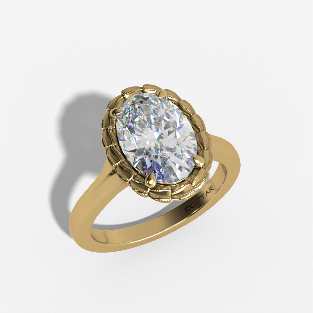 Oval yellow gold floral bezel ring, three-quarter view