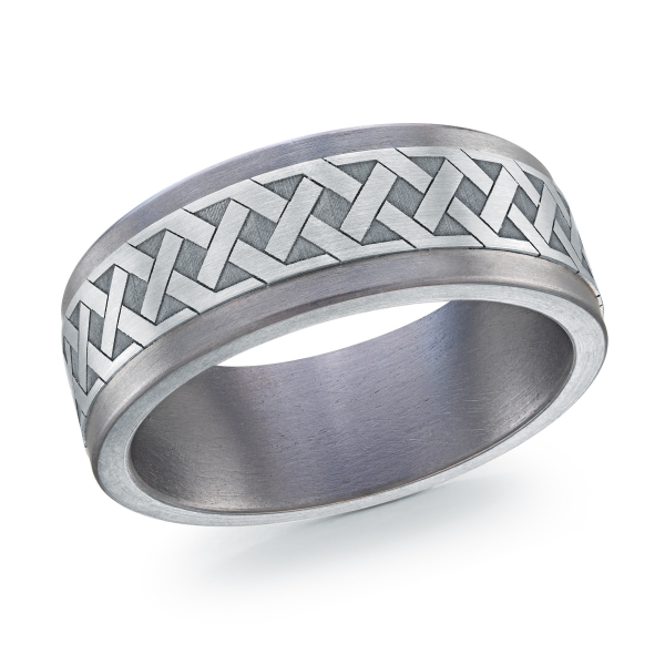 Celtic weave white gold band with tantalum edges, angled view